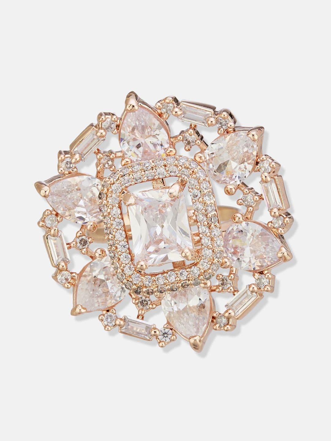 ATIBELLE Set Of 2 Rose Gold-Plated Cubic Zirconia Studded Fusion Finger Ring thumbnail 2