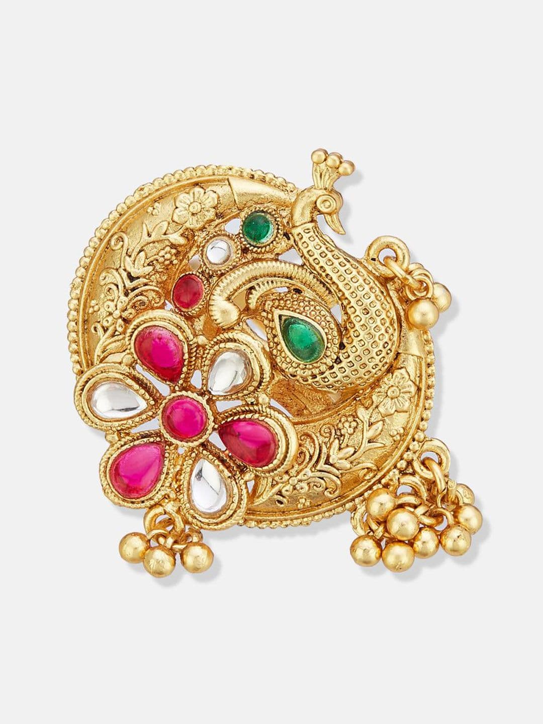 ATIBELLE Set Of 2 Gold-Plated Stone Studded & Beaded Peacock Shaped Finger Rings thumbnail 2
