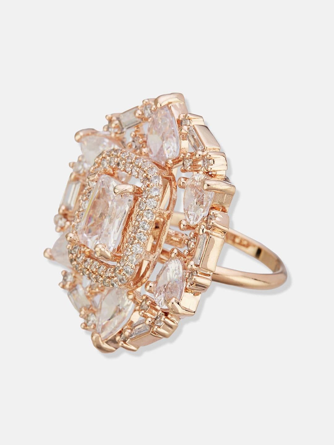 ATIBELLE Set Of 2 Rose Gold-Plated Cubic Zirconia Studded Fusion Finger Ring thumbnail 3
