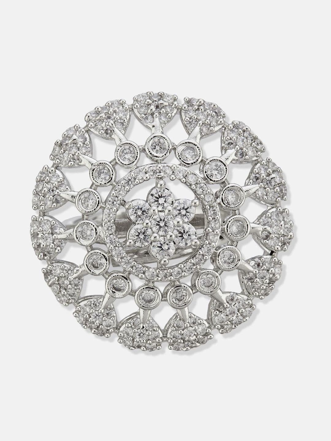 ATIBELLE Set Of 2 Silver-Plated Cubic Zirconia Studded Floral-Shaped Finger Rings thumbnail 2