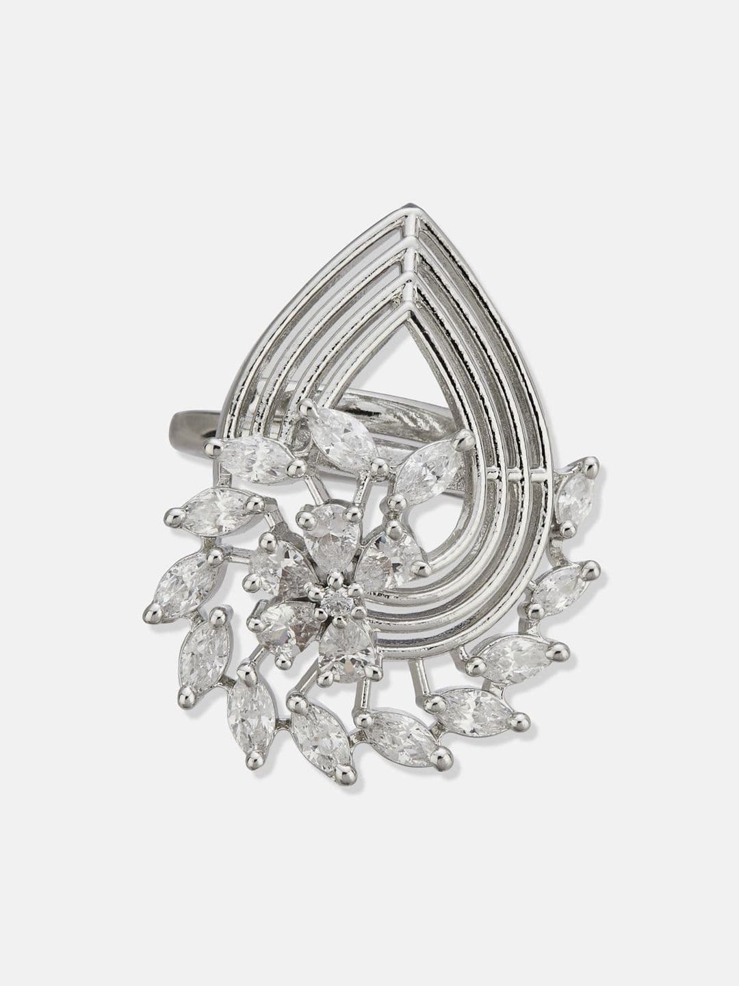 ATIBELLE Set Of 2 Silver-Plated Cubic Zirconia Studded Floral-Shaped Finger Rings thumbnail 3