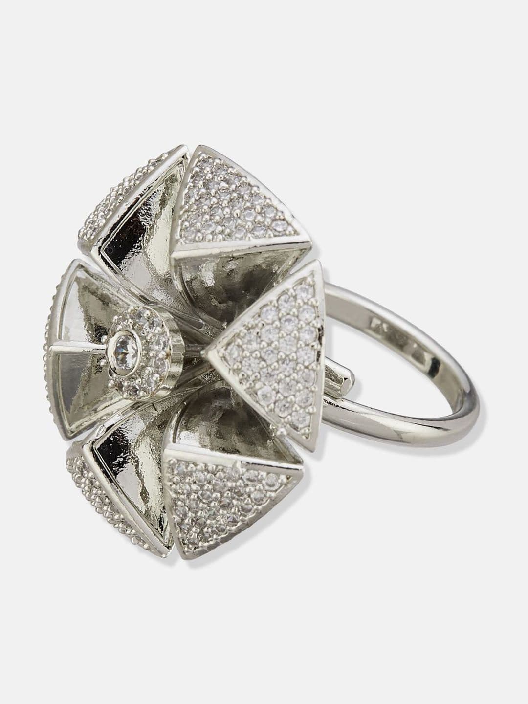 ATIBELLE Set Of 2 Silver-Plated Cubic Zirconia Studded Floral-Shaped Finger Rings thumbnail 5
