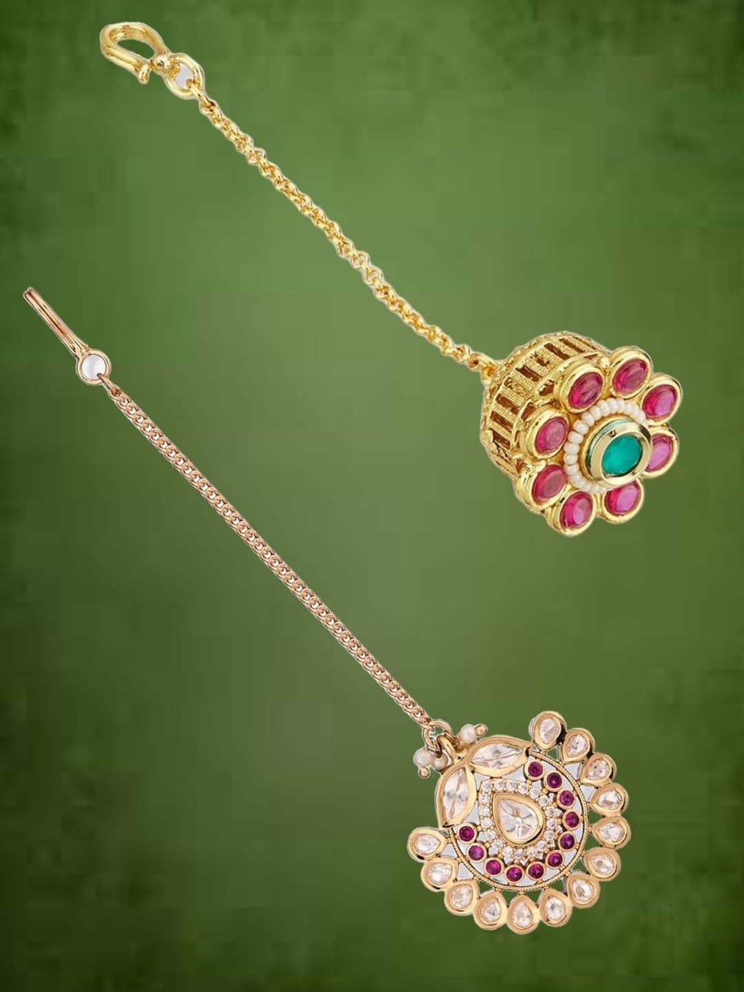 ATIBELLE Rose Gold-Plated Kundan Studded Maang Tikka Head Jewellery thumbnail 2