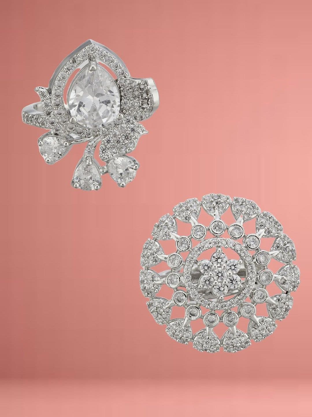 ATIBELLE Set Of 2 Silver-Plated Cubic Zirconia Studded Floral-Shaped Finger Rings
