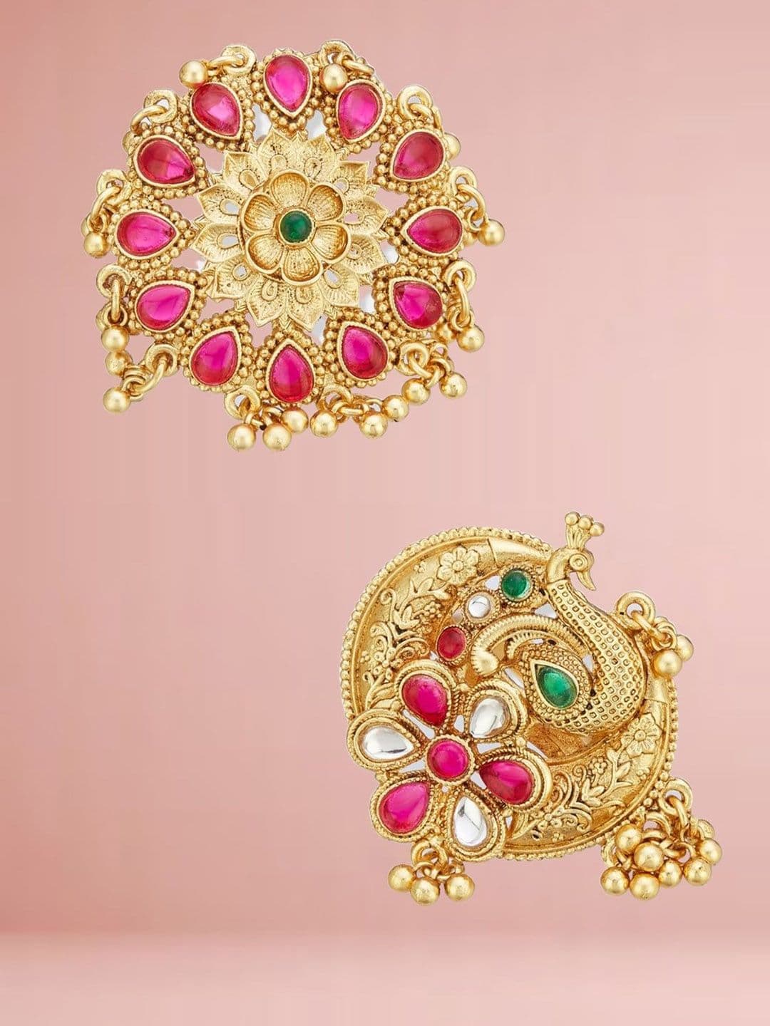 ATIBELLE Set Of 2 Gold-Plated Stone Studded & Beaded Peacock Shaped Finger Rings