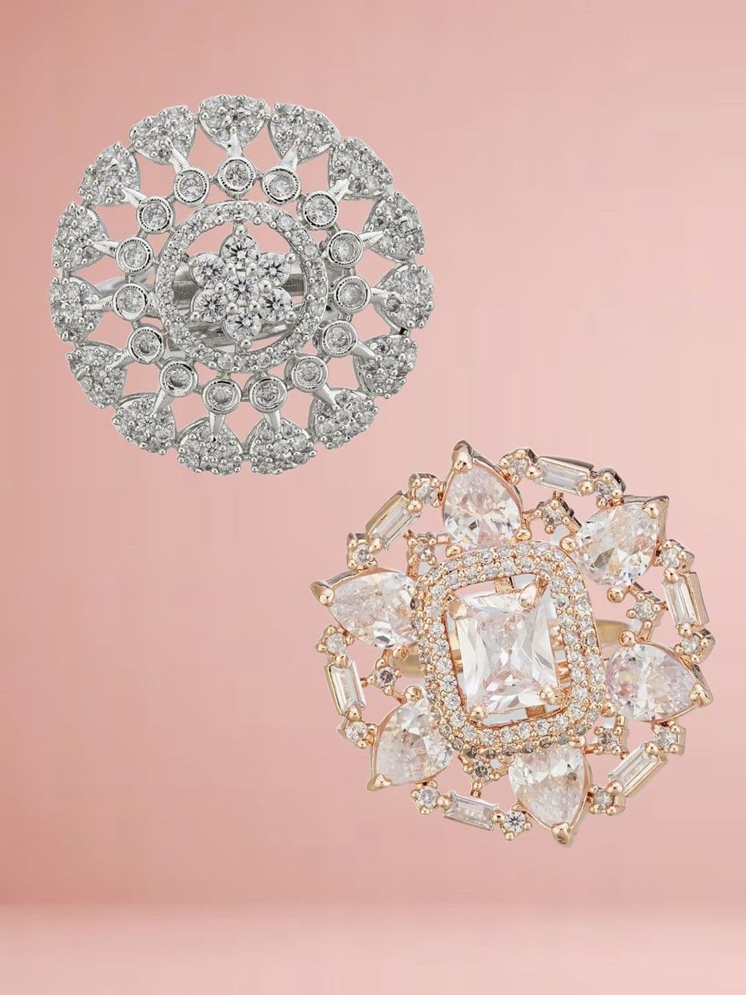 ATIBELLE Set Of 2 Rose Gold-Plated Cubic Zirconia Studded Floral Finger Ring