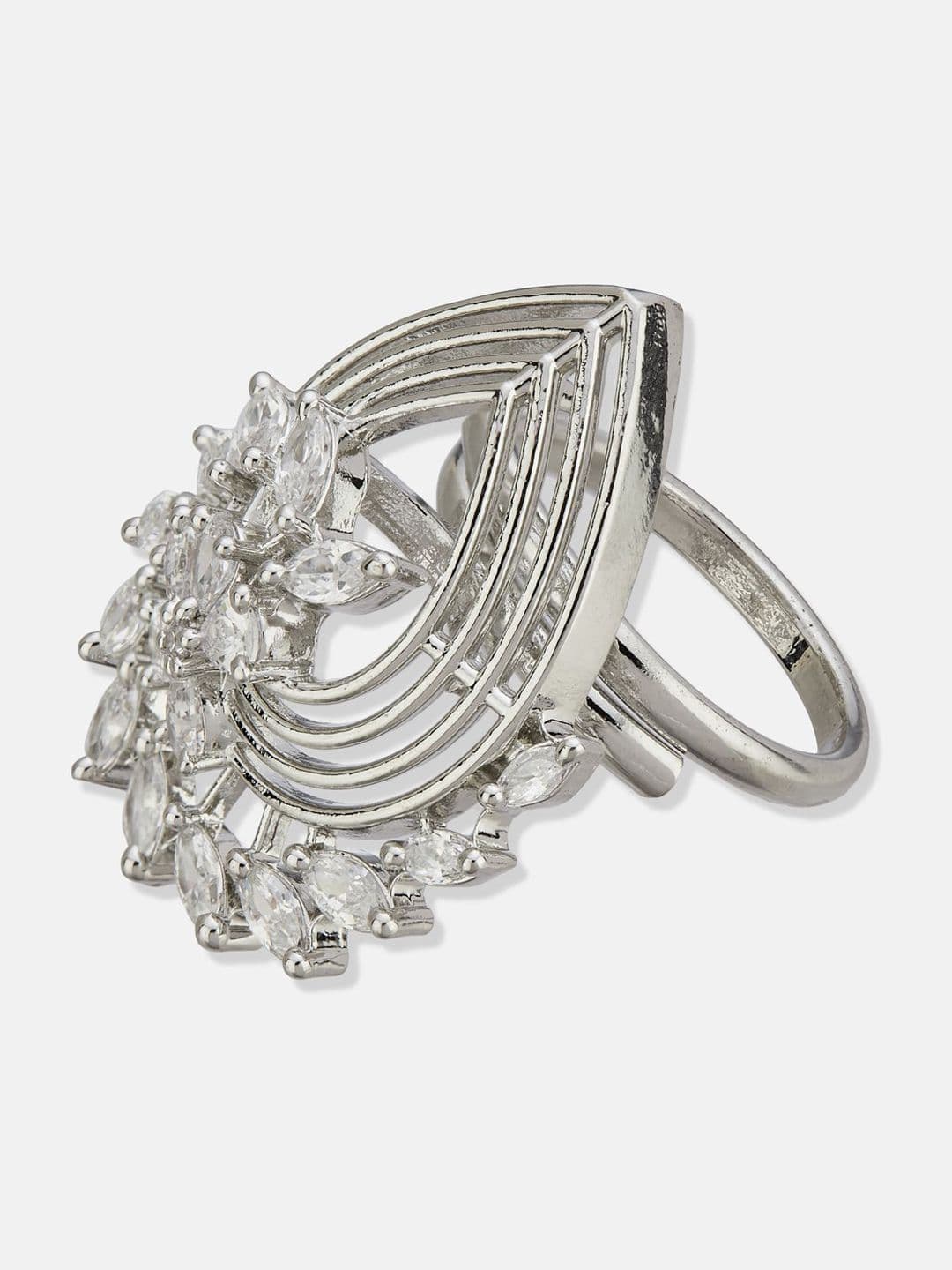 ATIBELLE Set Of 2 Silver-Plated Cubic Zirconia Studded Floral-Shaped Finger Rings thumbnail 4