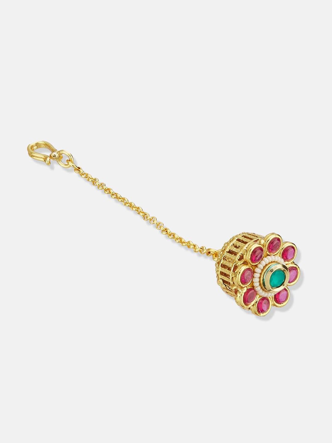 ATIBELLE Set of 2 Gold-Plated Stone Studded and Rajasthani Borla Beaded Maang Tikkas thumbnail 5