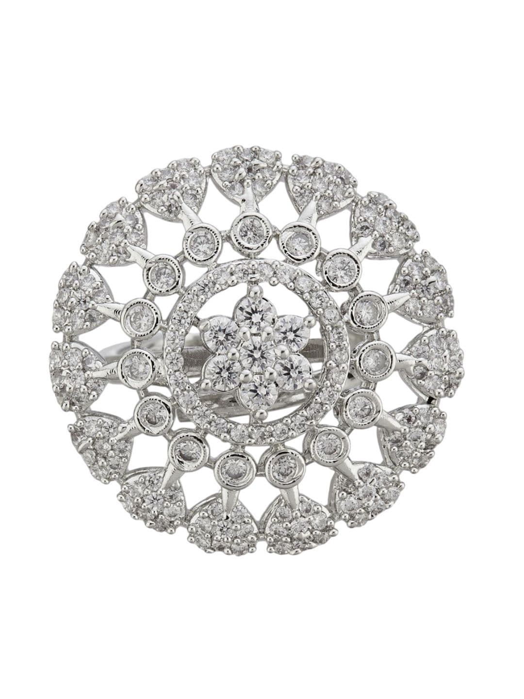 ATIBELLE Set Of 2 Silver-Plated Cubic Zirconia Studded Floral-Shaped Finger Rings thumbnail 2