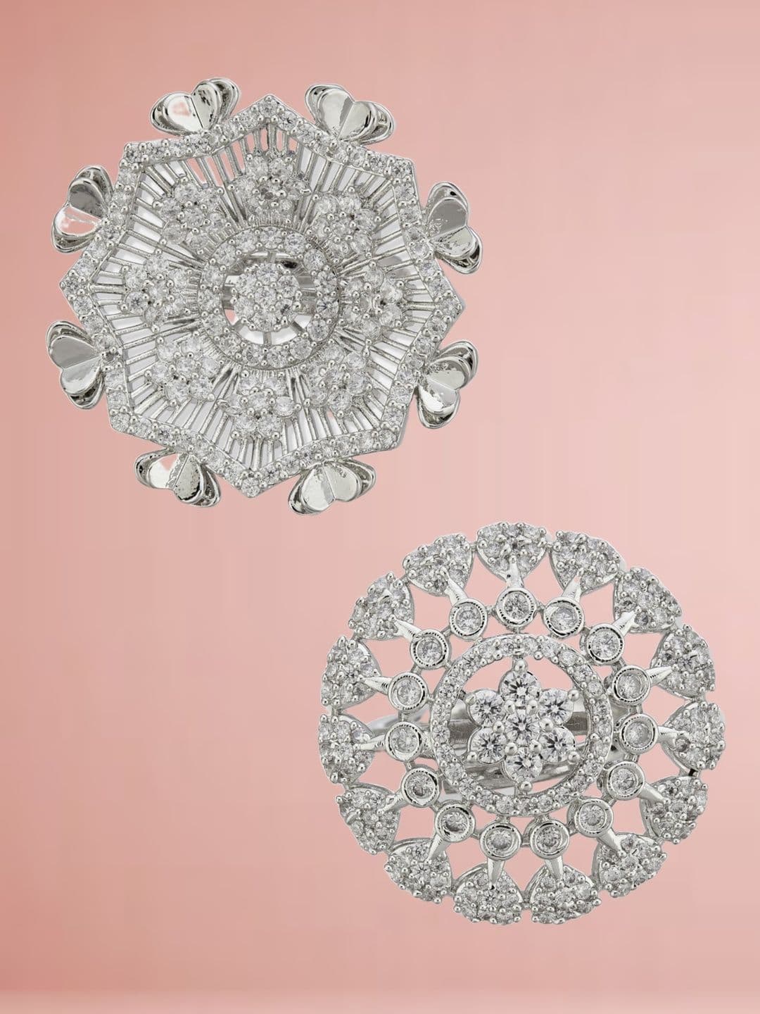 ATIBELLE Set Of 2 Silver-Plated Cubic Zirconia Studded Floral-Shaped Finger Rings