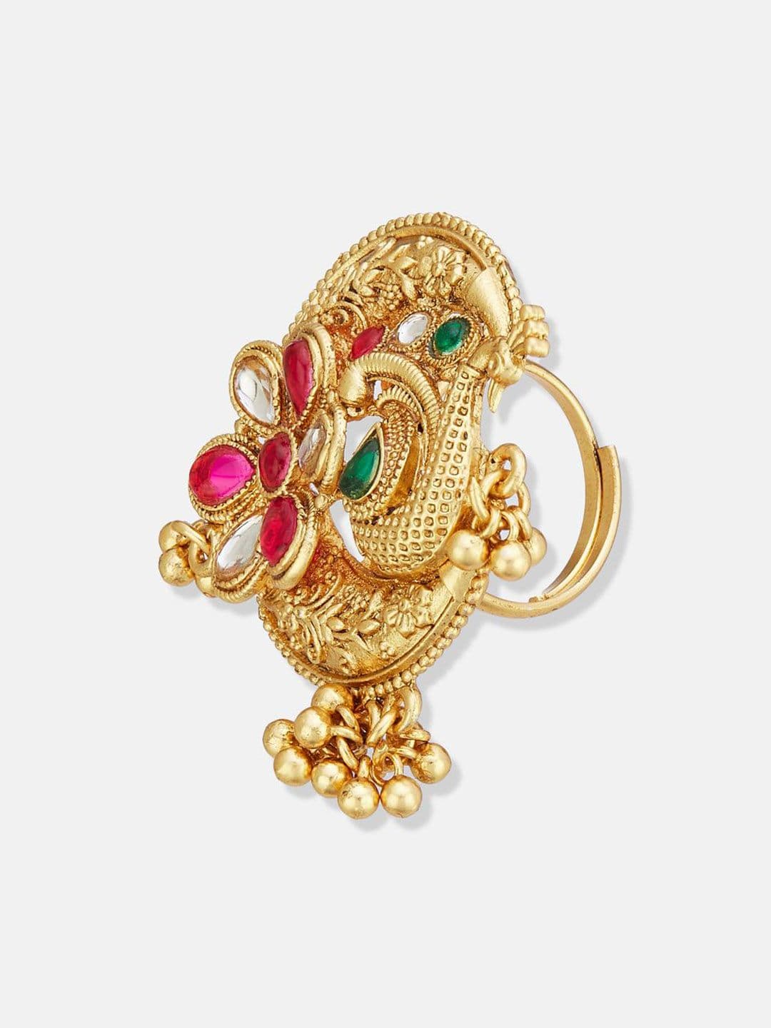 ATIBELLE Set Of 2 Gold-Plated Stone Studded & Beaded Peacock Shaped Finger Rings thumbnail 3