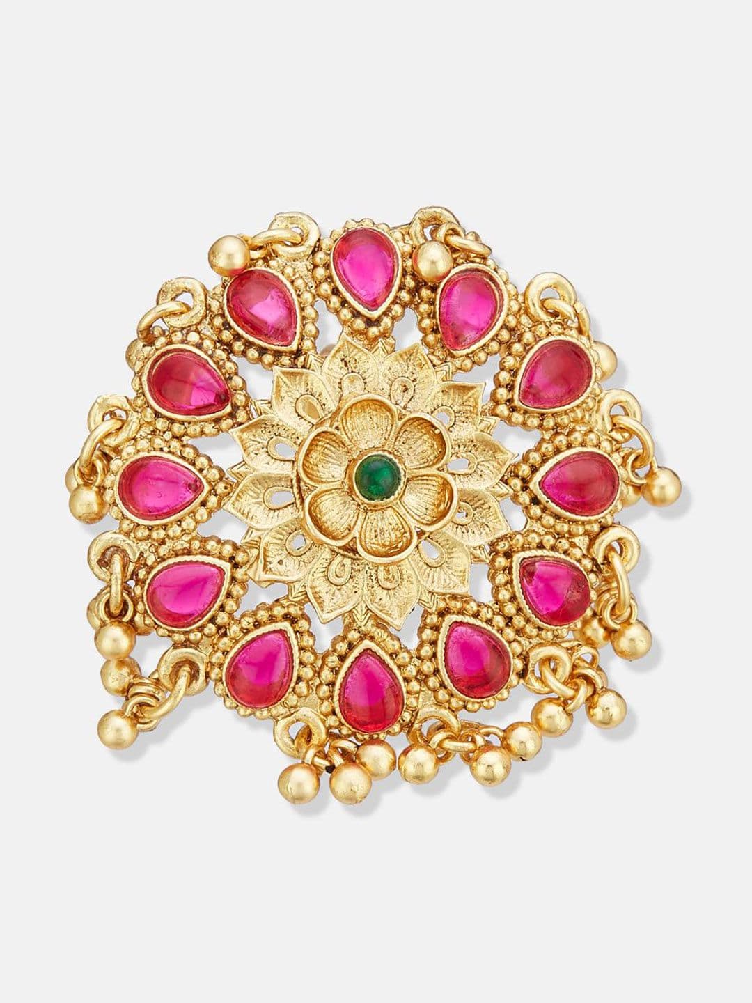 ATIBELLE Set Of 2 Gold-Plated Stone Studded & Beaded Peacock Shaped Finger Rings thumbnail 5