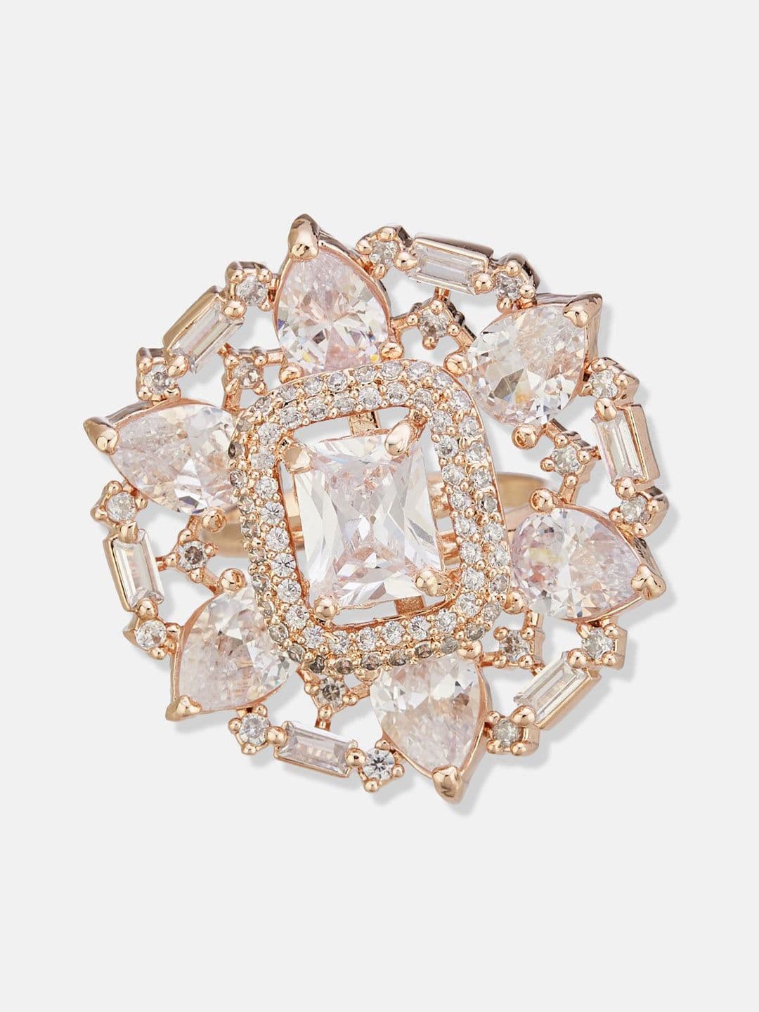 ATIBELLE Set Of 2 Rose Gold-Plated Cubic Zirconia Studded Floral Finger Ring thumbnail 3