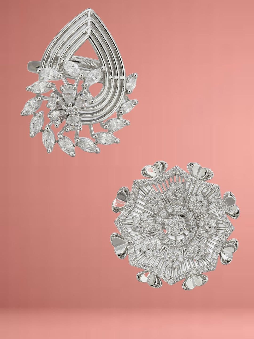 ATIBELLE Set Of 2 Silver-Plated Cubic Zirconia Studded Fusion Finger Rings