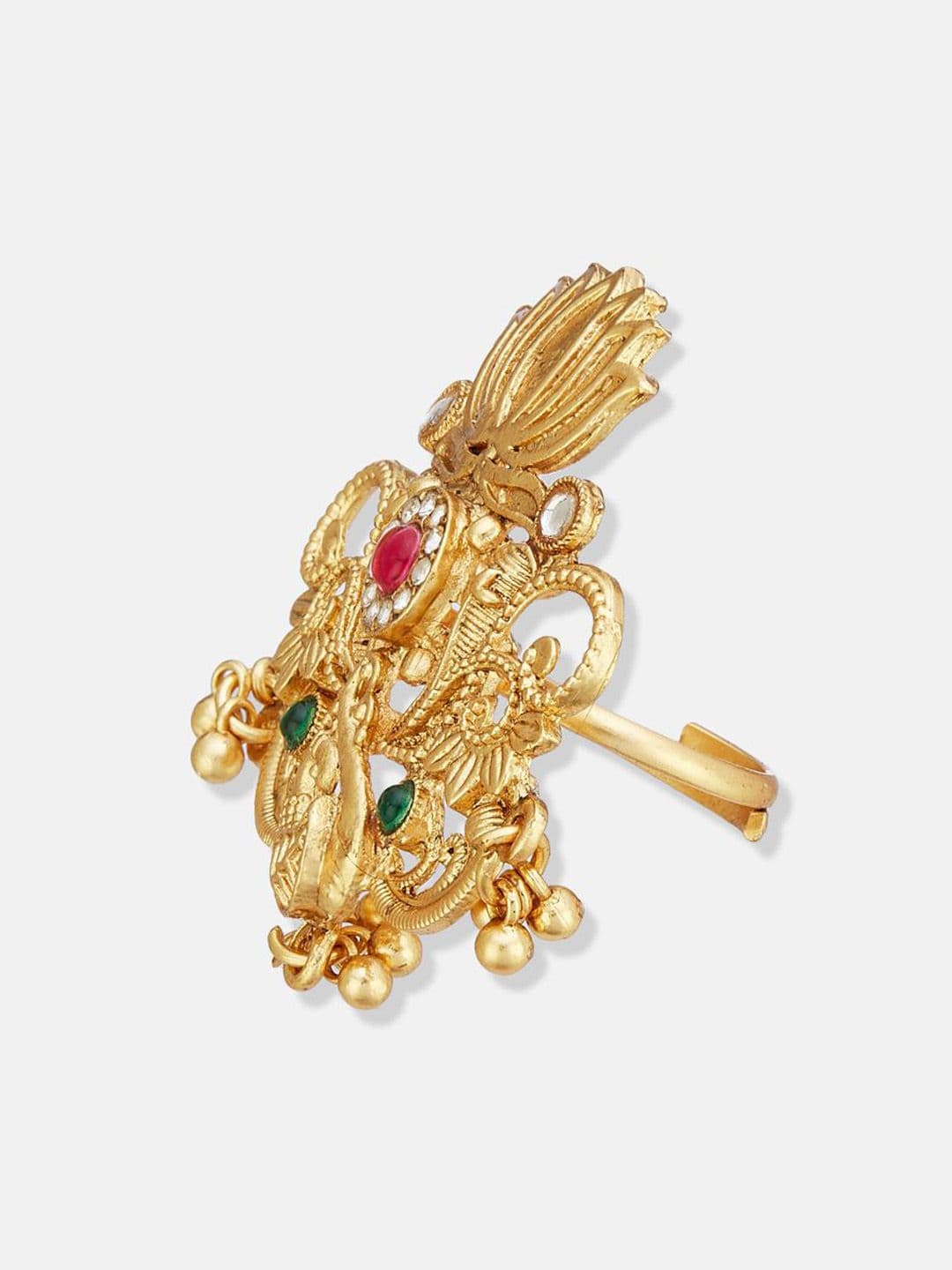 ATIBELLE Set Of 2 Gold-Plated Stone Studded & Beaded Peacock Shaped Finger Rings thumbnail 4