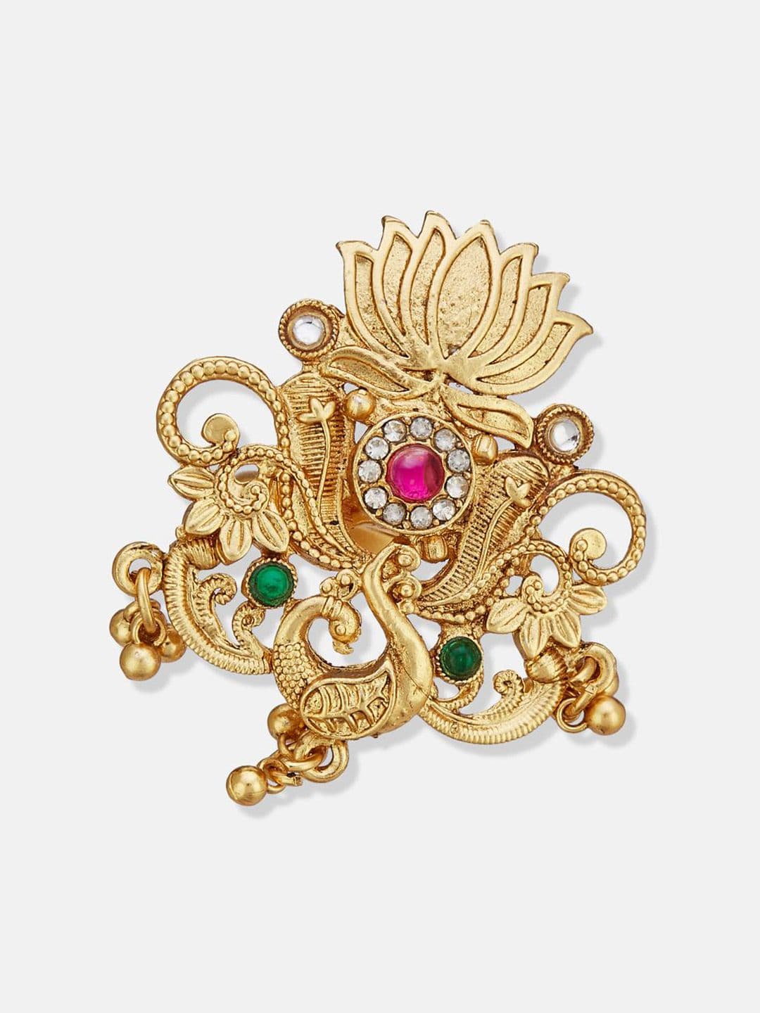 ATIBELLE Set Of 2 Gold-Plated Stone Studded & Beaded Peacock Shaped Finger Rings thumbnail 2