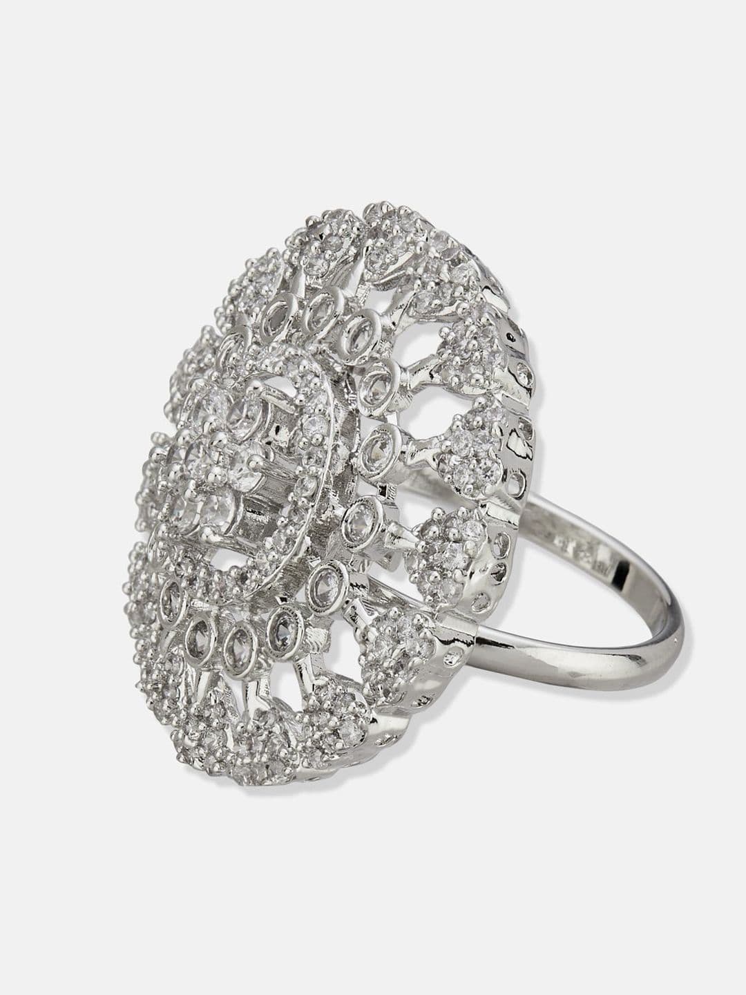 ATIBELLE Set Of 2 Silver-Plated Cubic Zirconia Studded Floral-Shaped Finger Rings thumbnail 5