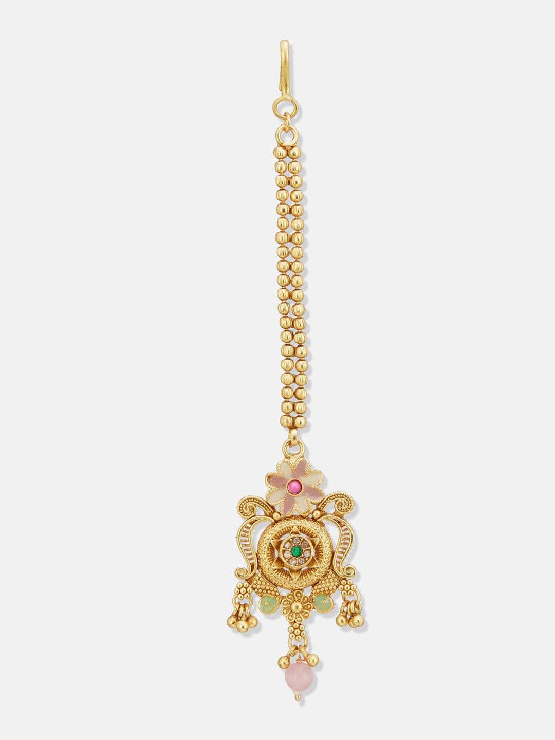 ATIBELLE Set of 2 Gold-Plated Stone Studded and Rajasthani Borla Beaded Maang Tikkas thumbnail 3