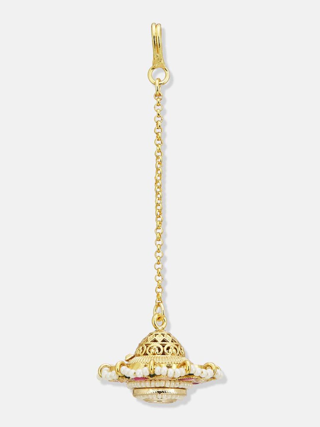 ATIBELLE Set of 2 Gold-Plated Stone Studded and Rajasthani Borla Beaded Maang Tikkas thumbnail 5