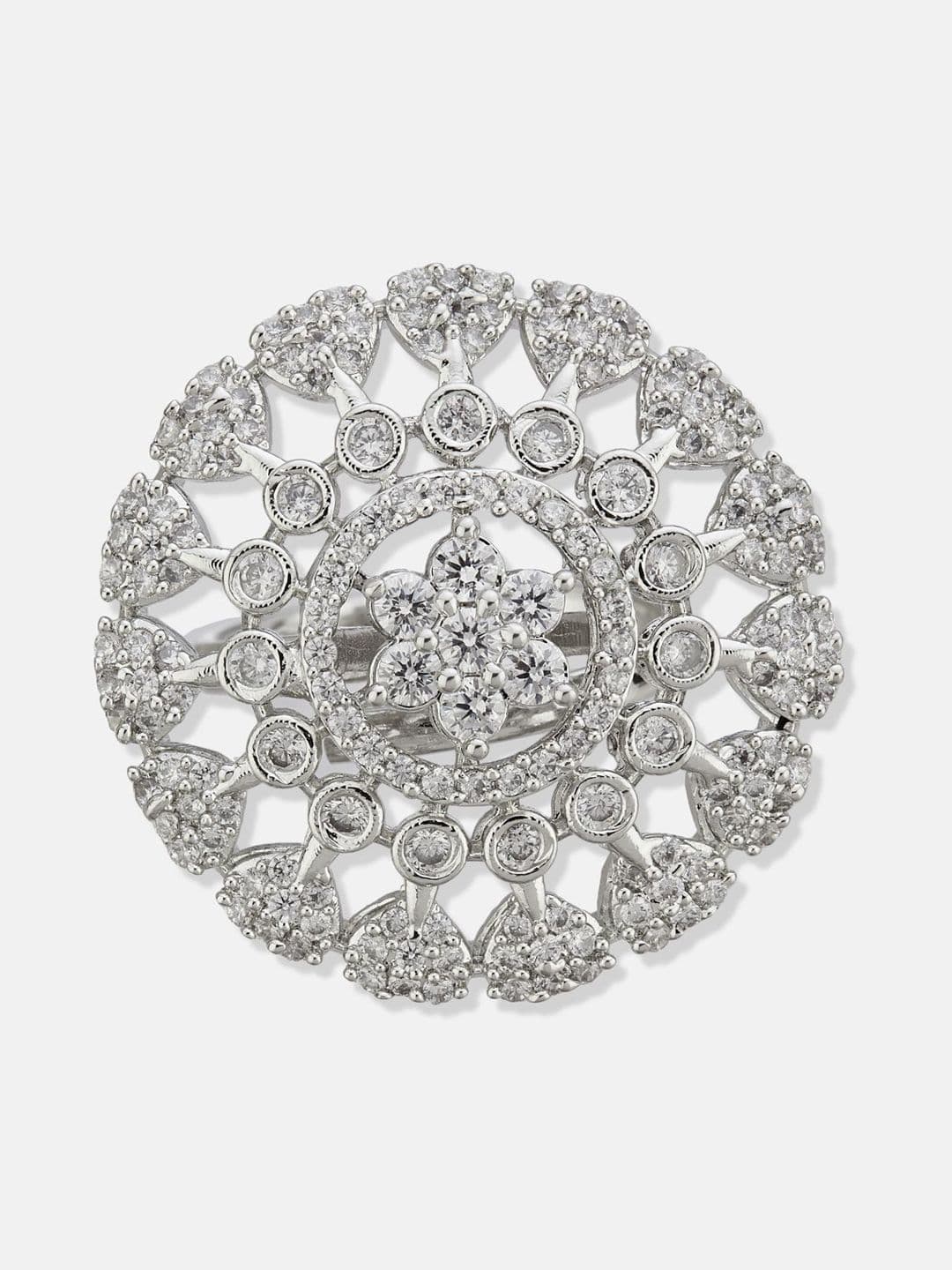 ATIBELLE Set Of 2 Silver-Plated Cubic Zirconia Studded Floral-Shaped Finger Rings thumbnail 2
