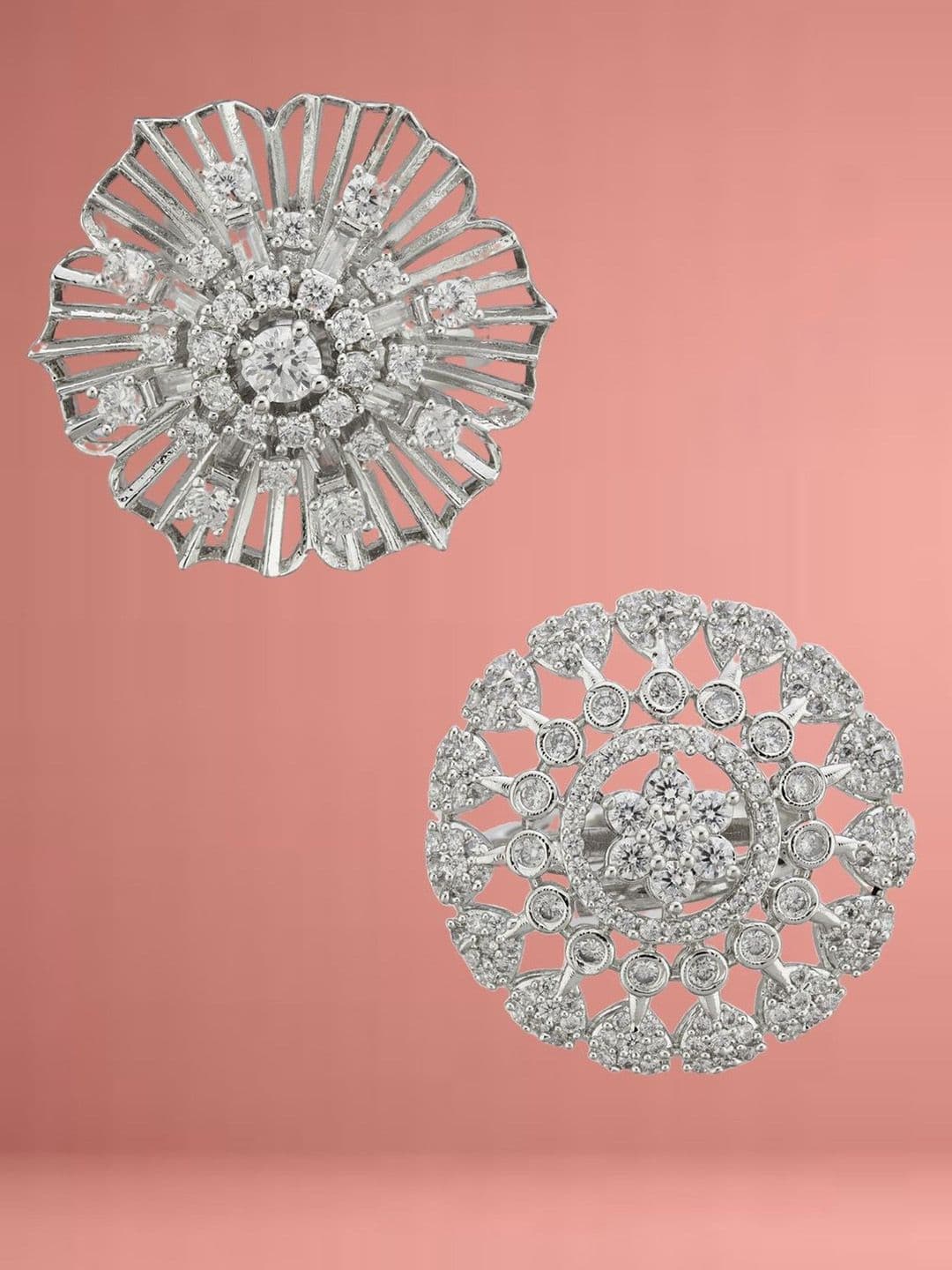 ATIBELLE Set Of 2 Silver-Plated Cubic Zirconia Studded Floral-Shaped Finger Rings