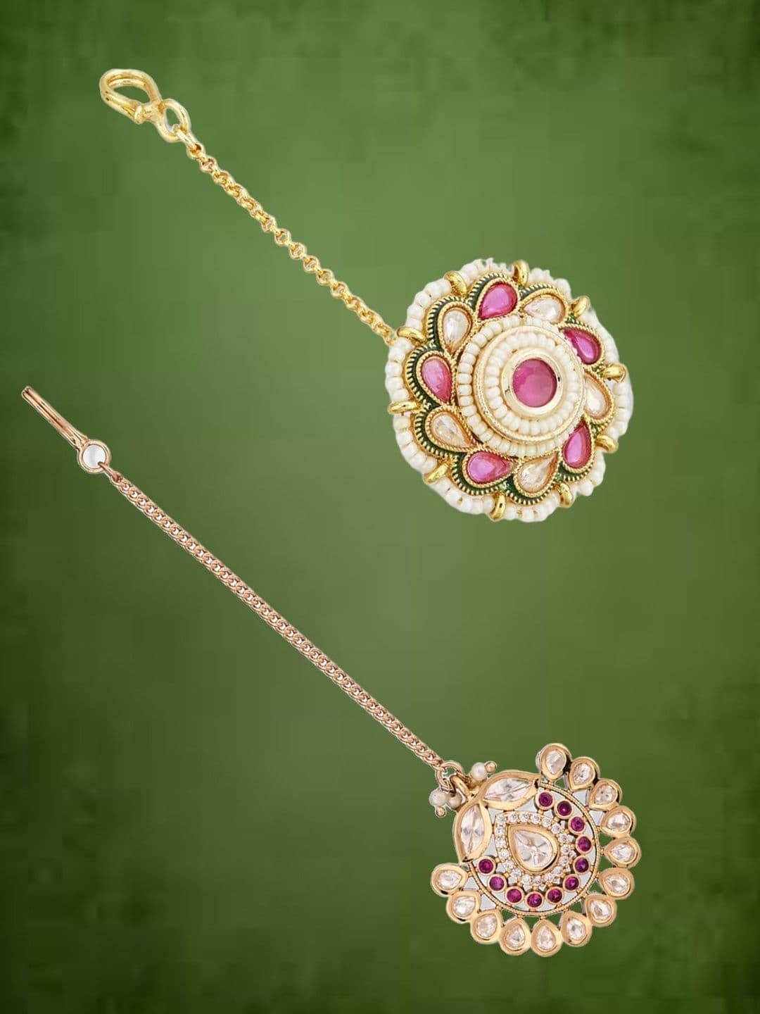 ATIBELLE Set of 2 Rose Gold-Plated Stone Studded and Rajasthani Borla Beaded Maang Tikkas
