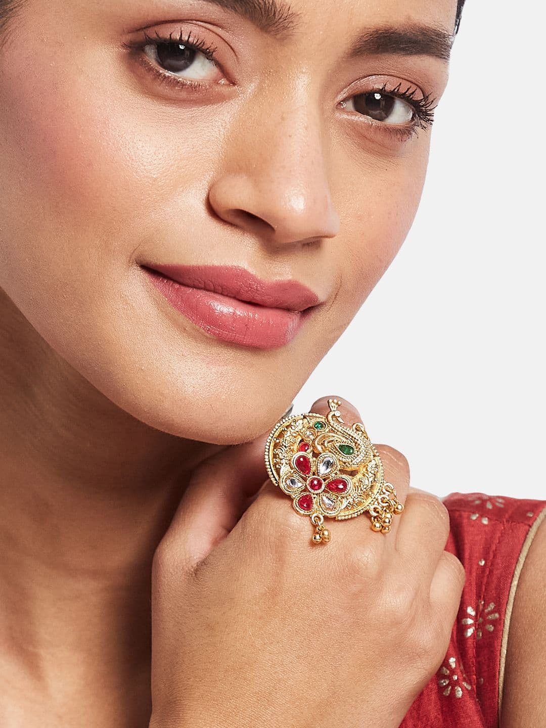 ATIBELLE Set Of 2 Gold-Plated Stone Studded & Beaded Peacock Shaped Finger Rings thumbnail 6