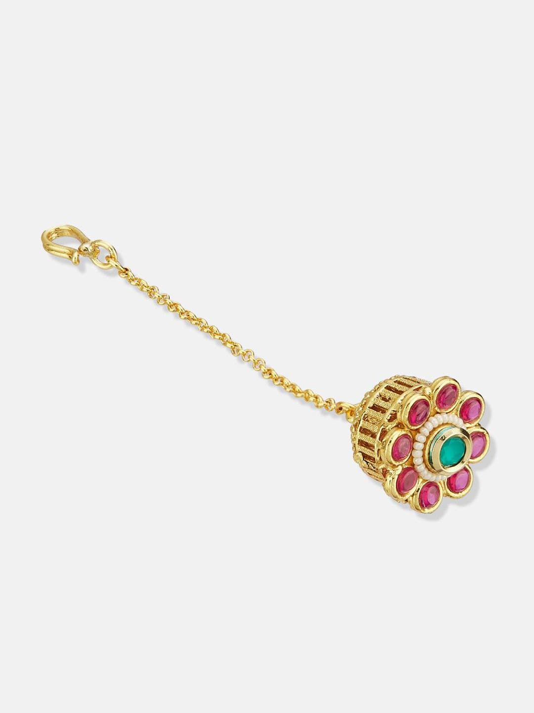 ATIBELLE Set of 2 Gold-Plated Stone Studded and Rajasthani Borla Beaded Maang Tikkas thumbnail 2