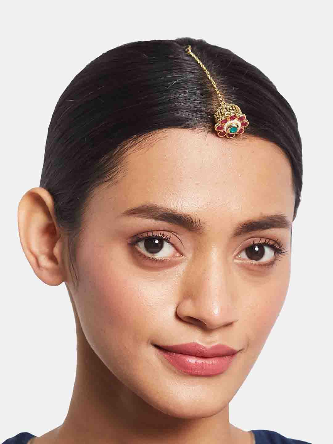 ATIBELLE Set of 2 Gold-Plated Stone Studded and Rajasthani Borla Beaded Maang Tikkas thumbnail 7