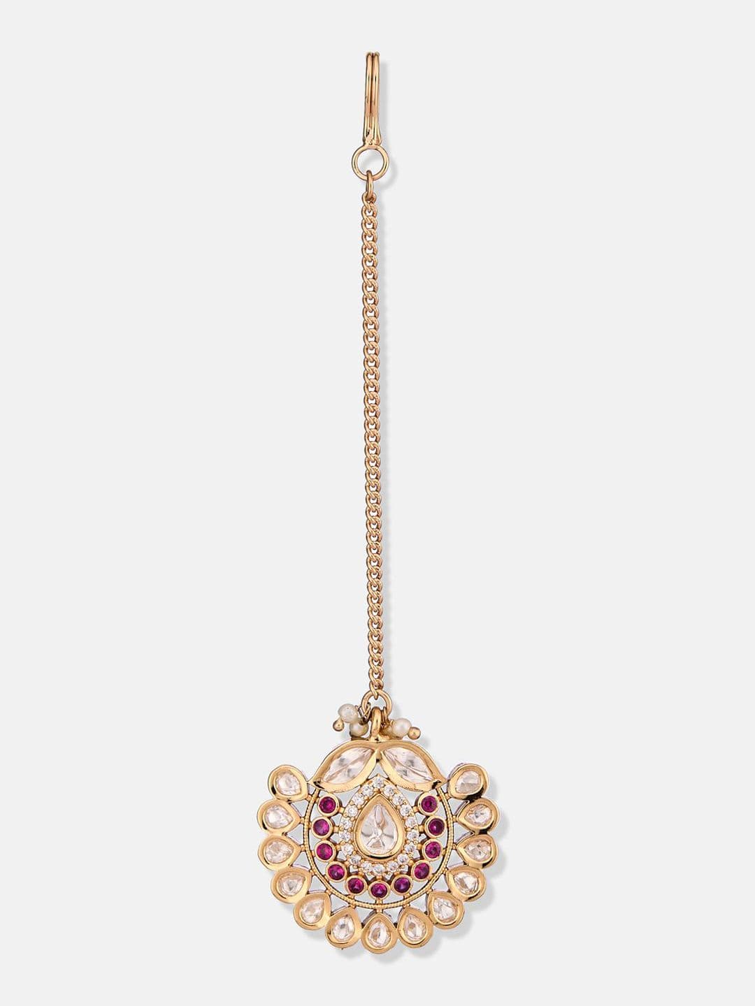 ATIBELLE Set of 2 Rose Gold-Plated Stone Studded and Rajasthani Borla Beaded Maang Tikkas thumbnail 4