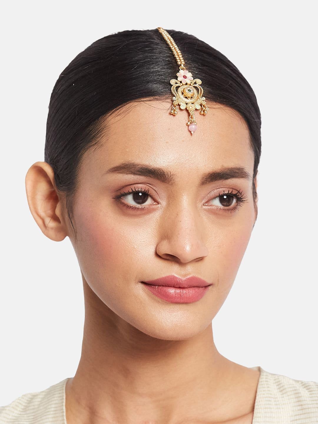 ATIBELLE Set of 2 Gold-Plated Stone Studded and Rajasthani Borla Beaded Maang Tikkas thumbnail 6