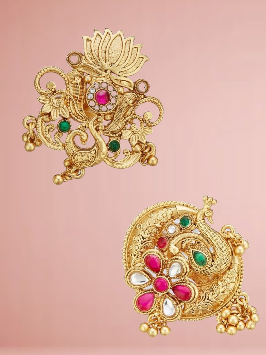 ATIBELLE Set Of 2 Gold-Plated Stone Studded & Beaded Peacock Shaped Finger Rings