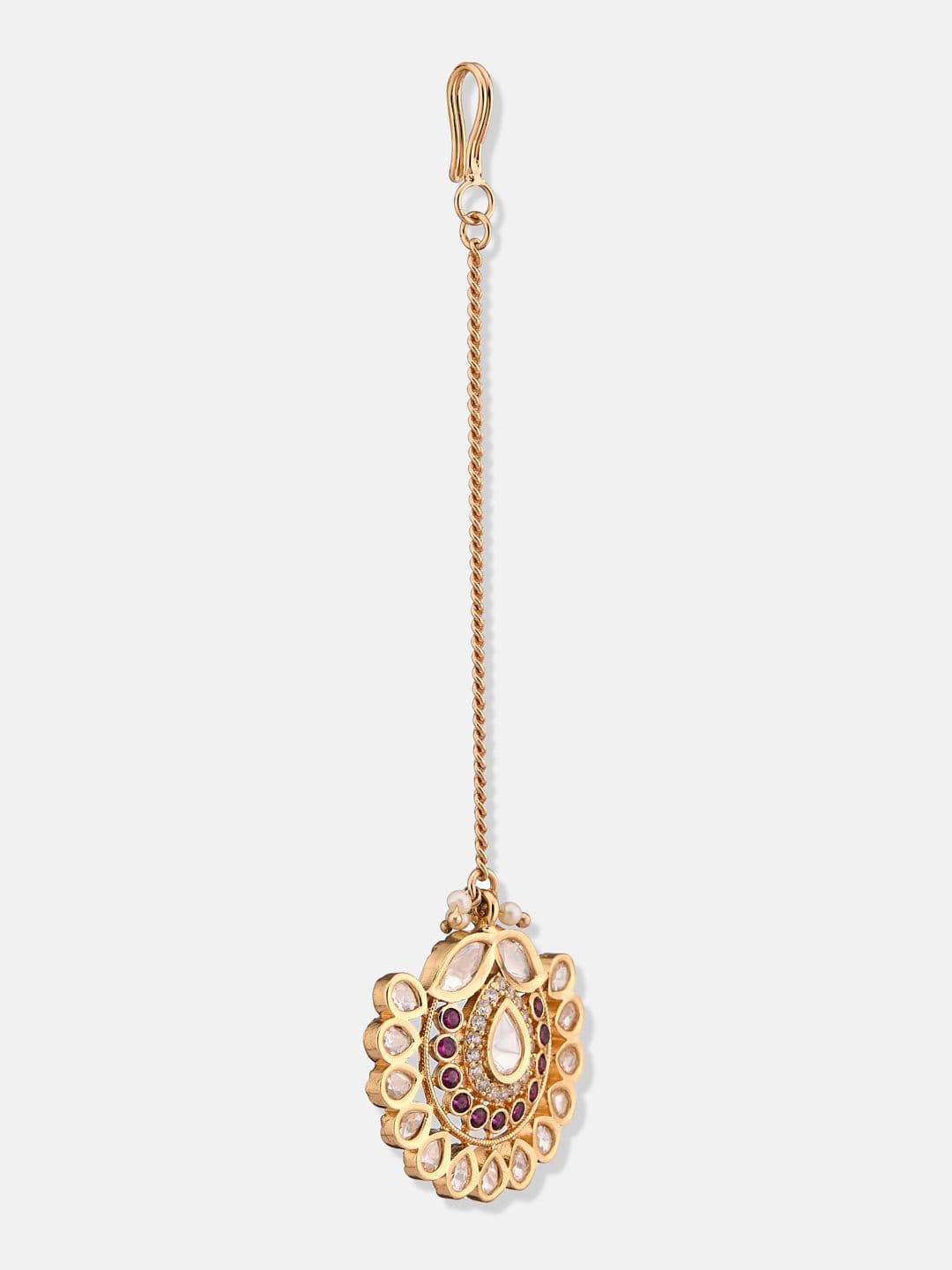 ATIBELLE Set of 2 Rose Gold-Plated Stone Studded and Rajasthani Borla Beaded Maang Tikkas thumbnail 2