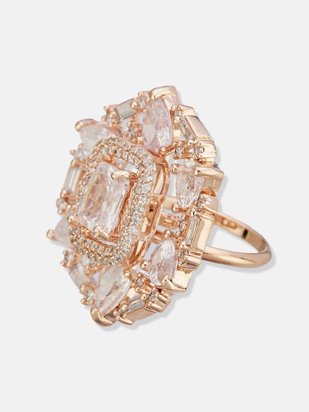 ATIBELLE Set Of 2 Rose Gold-Plated Cubic Zirconia Studded Floral Finger Ring thumbnail 4