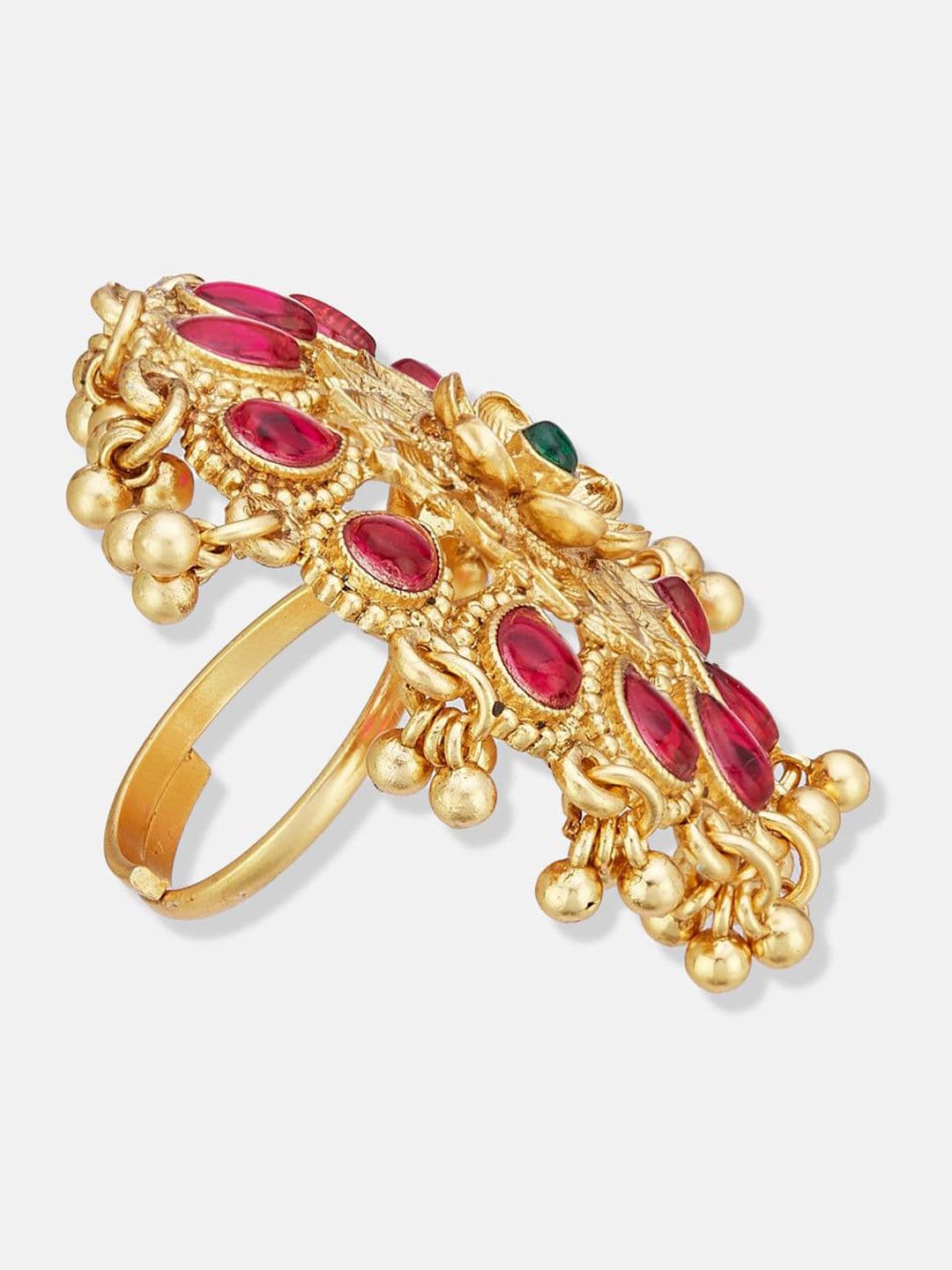 ATIBELLE Set Of 2 Gold-Plated Stone Studded & Beaded Peacock Shaped Finger Rings thumbnail 4