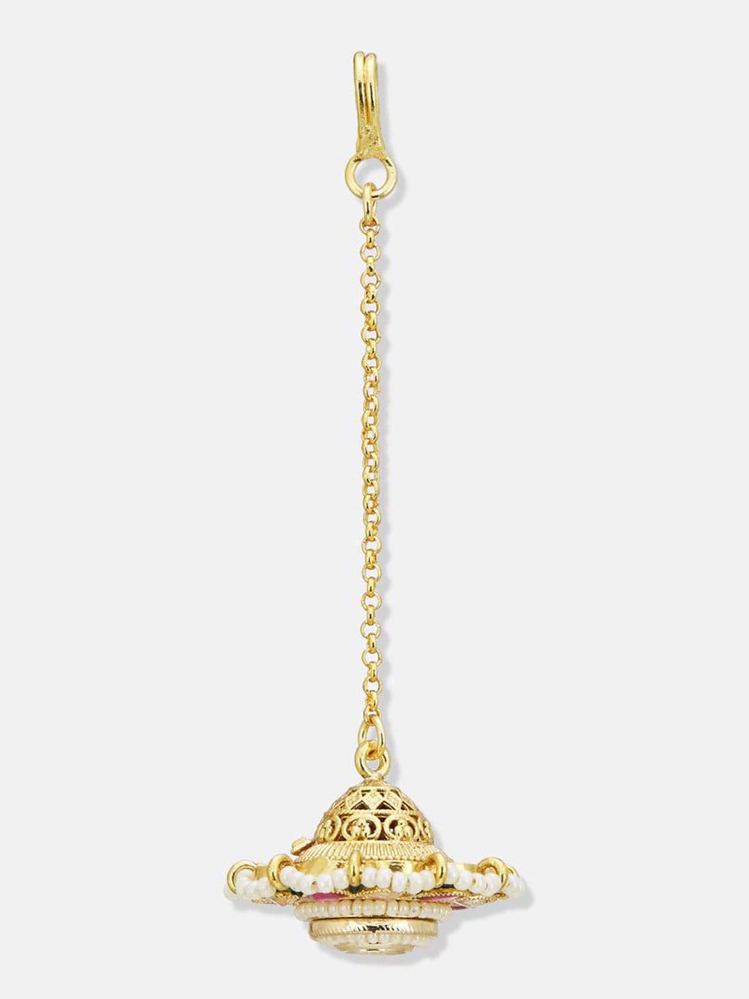ATIBELLE Set of 2 Rose Gold-Plated Stone Studded and Rajasthani Borla Beaded Maang Tikkas thumbnail 3