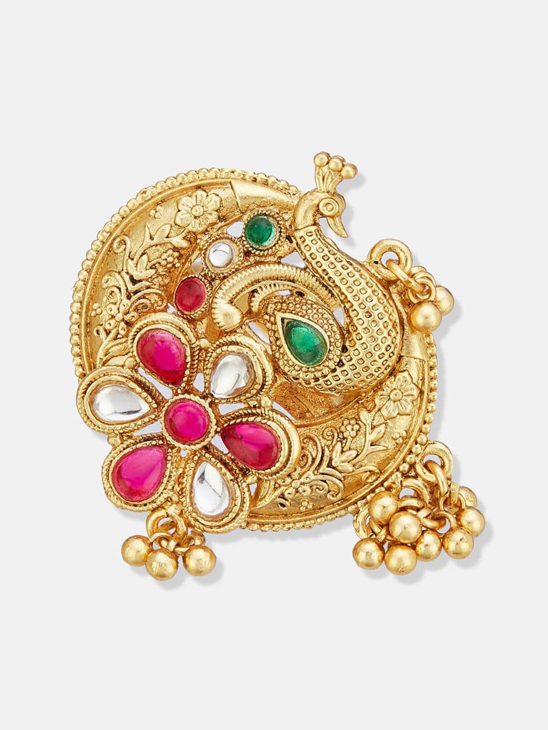 ATIBELLE Set Of 2 Gold-Plated Stone Studded & Beaded Peacock Shaped Finger Rings thumbnail 3