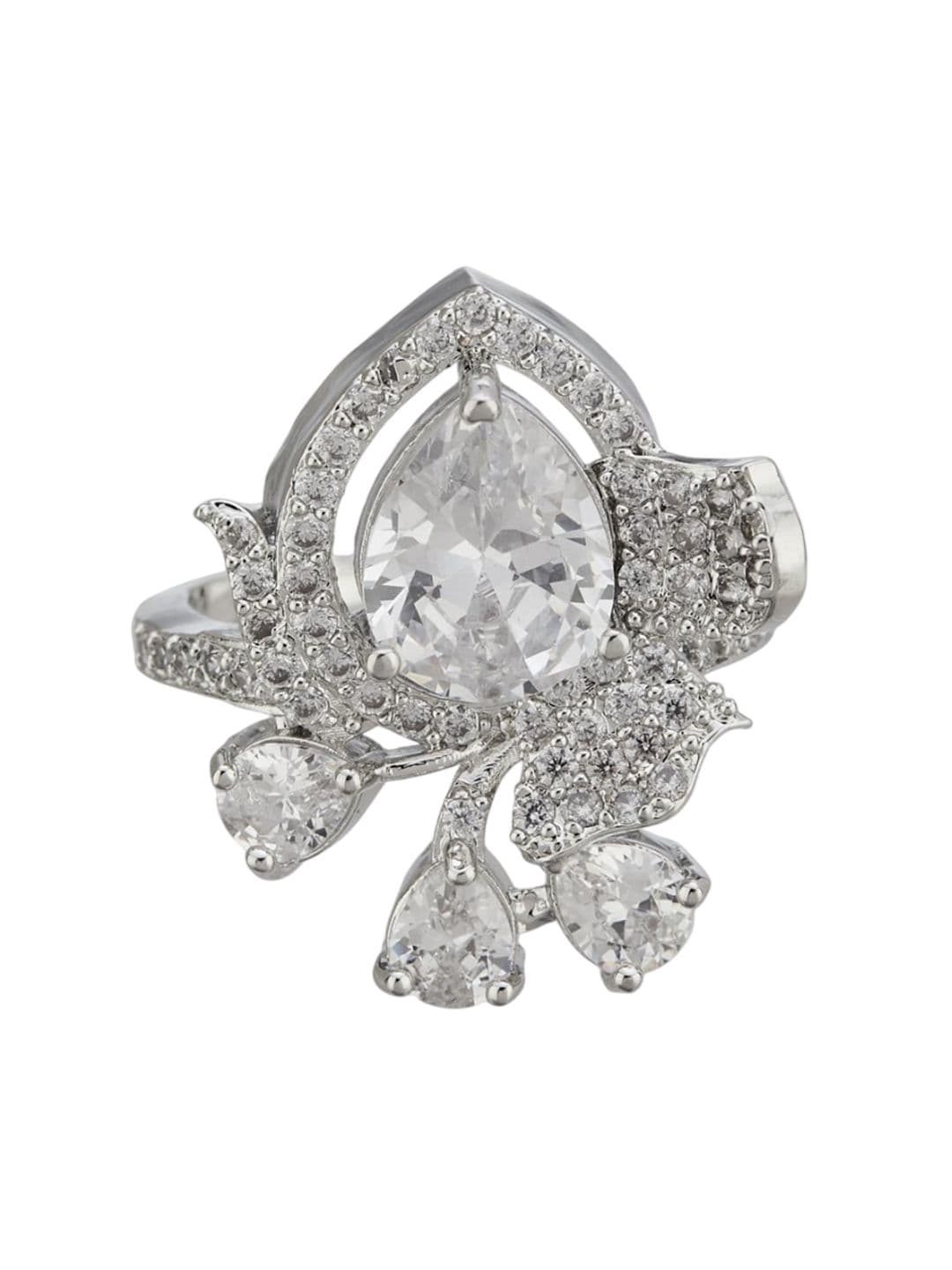 ATIBELLE Set Of 2 Silver-Plated Cubic Zirconia Studded Floral-Shaped Finger Rings thumbnail 4