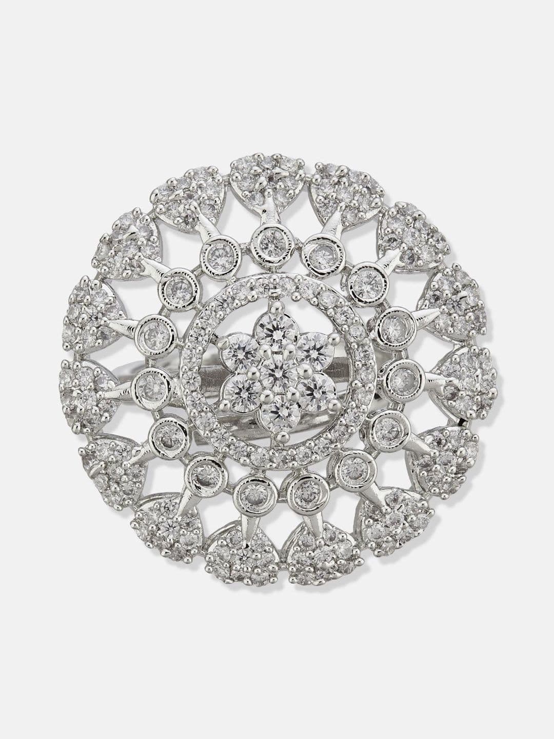 ATIBELLE Set Of 2 Silver-Plated Cubic Zirconia Studded Floral-Shaped Finger Rings thumbnail 3