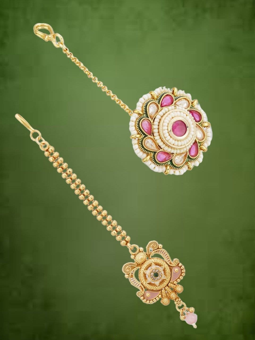 ATIBELLE Set of 2 Gold-Plated Stone Studded and Beaded Floral Maang Tikkas