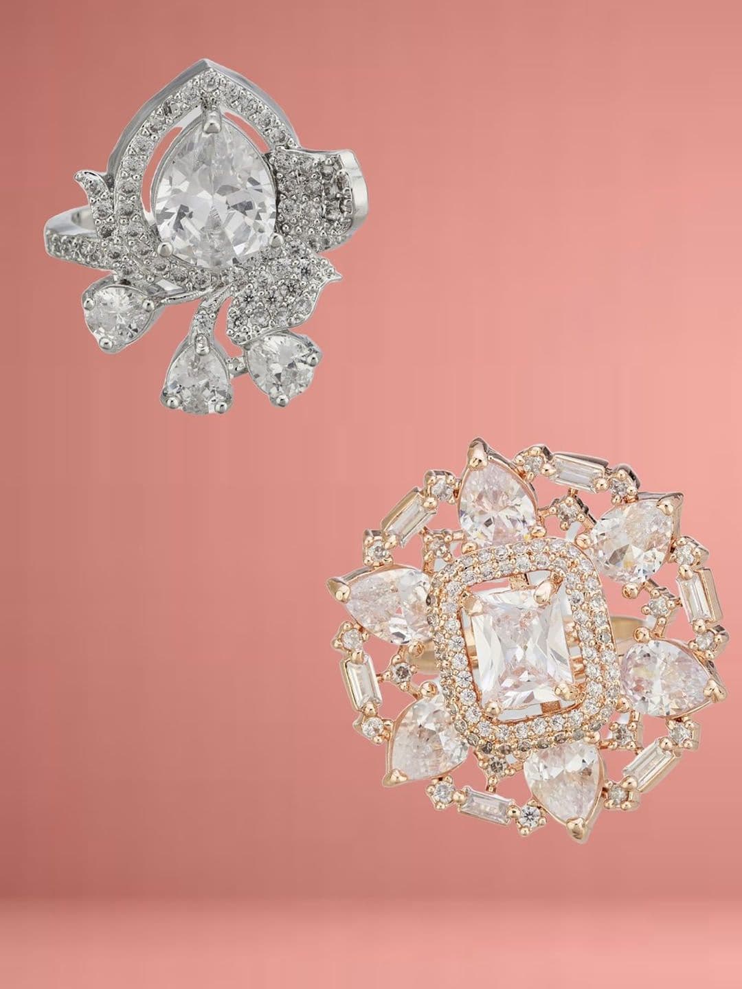 ATIBELLE Set Of 2 Rose Gold-Plated Cubic Zirconia Studded Fusion Finger Ring