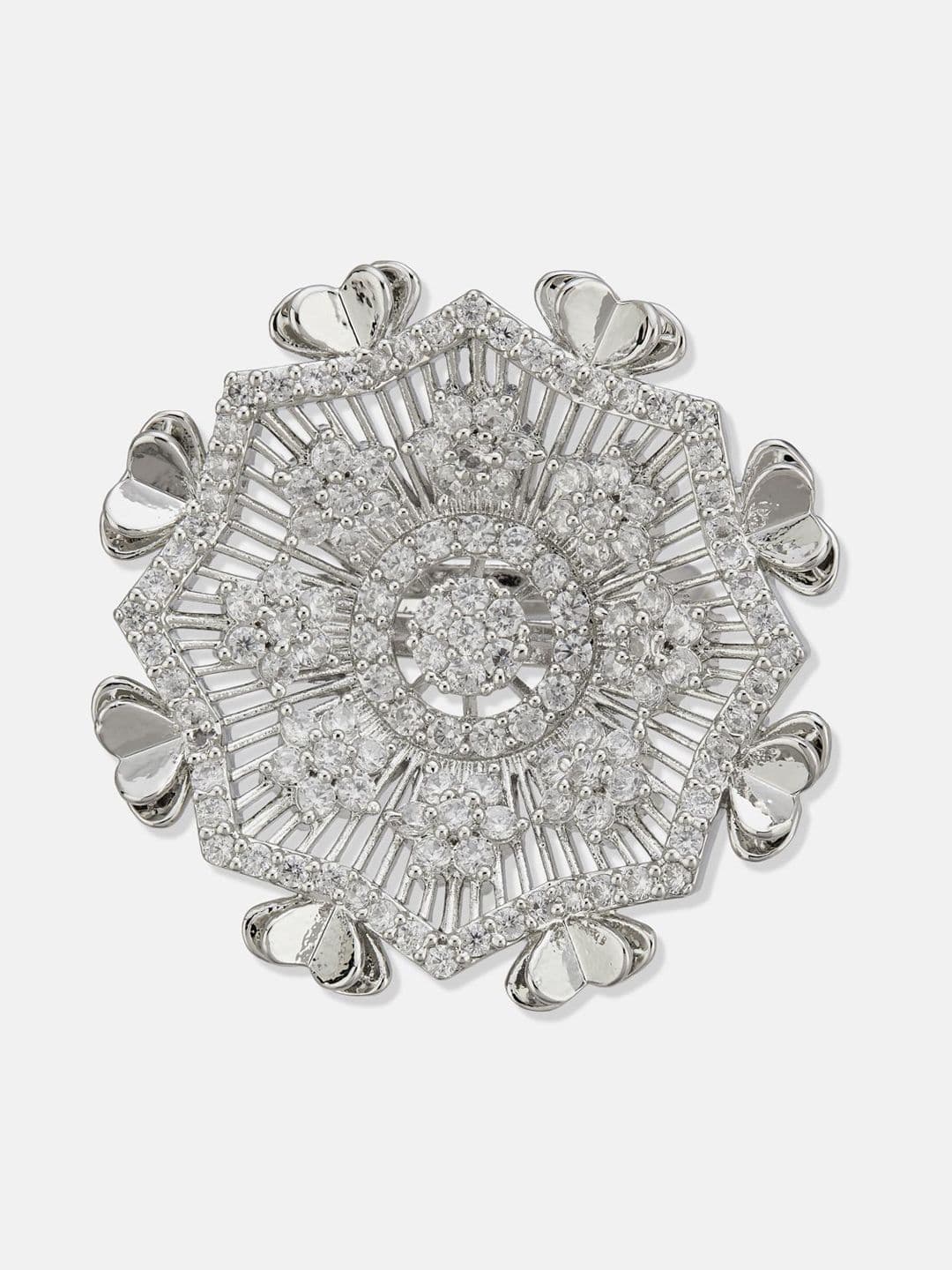 ATIBELLE Set Of 2 Silver-Plated Cubic Zirconia Studded Floral-Shaped Finger Rings thumbnail 3