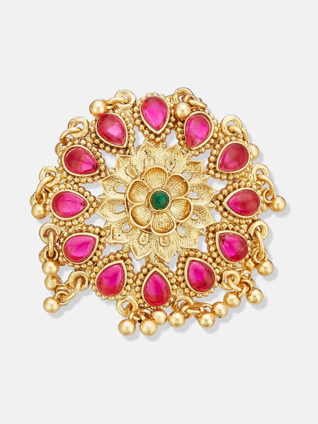 ATIBELLE Set Of 2 Gold-Plated Stone Studded & Beaded Peacock Shaped Finger Rings thumbnail 2