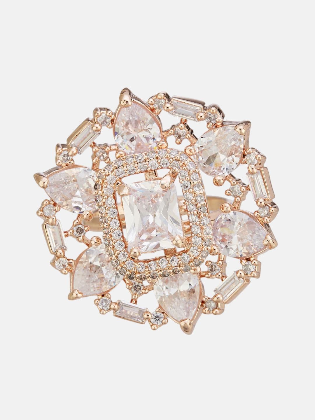 ATIBELLE Set Of 2 Rose Gold-Plated Cubic Zirconia Studded Fusion Finger Ring thumbnail 3