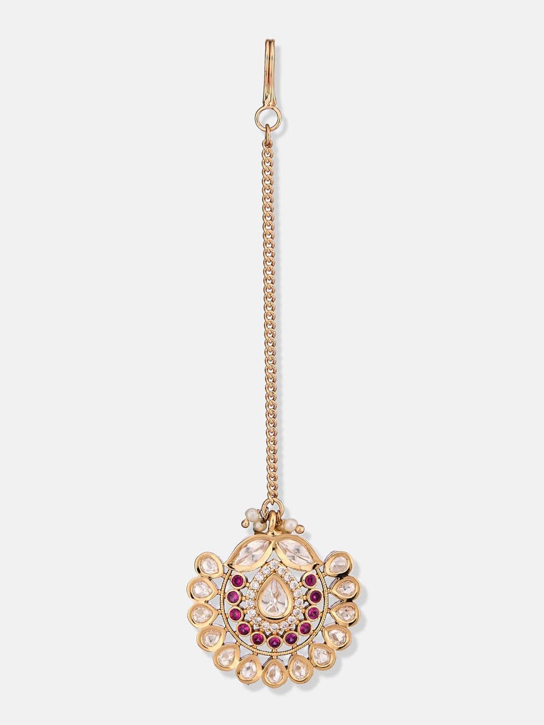 ATIBELLE Set of 2 Gold-Plated Stone Studded and Rajasthani Borla Beaded Maang Tikkas thumbnail 2