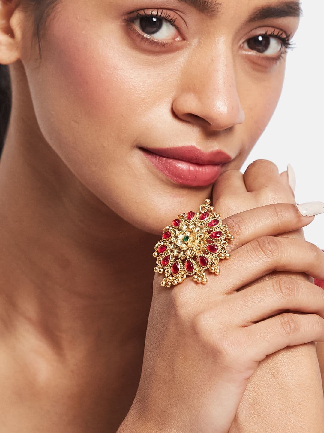 ATIBELLE Set Of 2 Gold-Plated Stone Studded & Beaded Peacock Shaped Finger Rings thumbnail 6