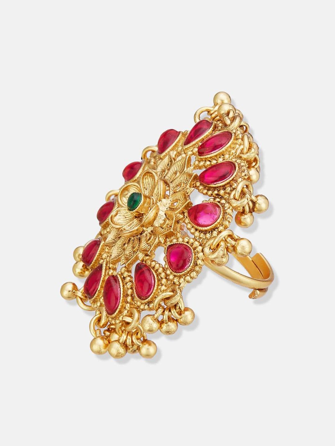 ATIBELLE Set Of 2 Gold-Plated Stone Studded & Beaded Peacock Shaped Finger Rings thumbnail 3