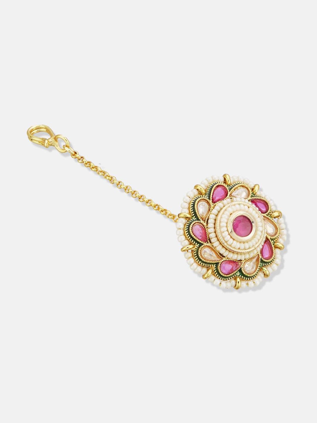 ATIBELLE Set of 2 Gold-Plated Stone Studded and Rajasthani Borla Beaded Maang Tikkas thumbnail 5