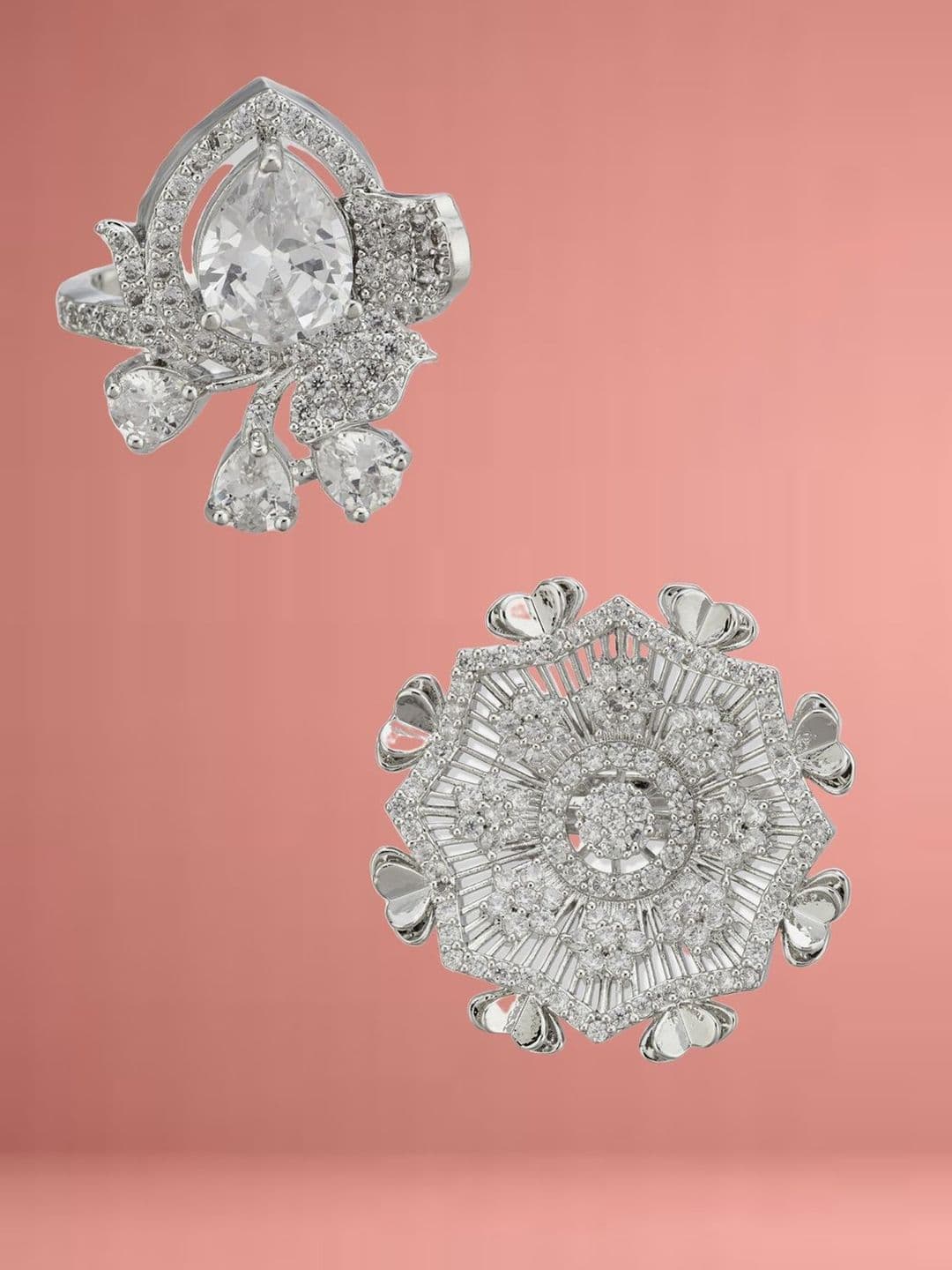 ATIBELLE Set Of 2 Silver-Plated Cubic Zirconia Studded Floral Finger Ring