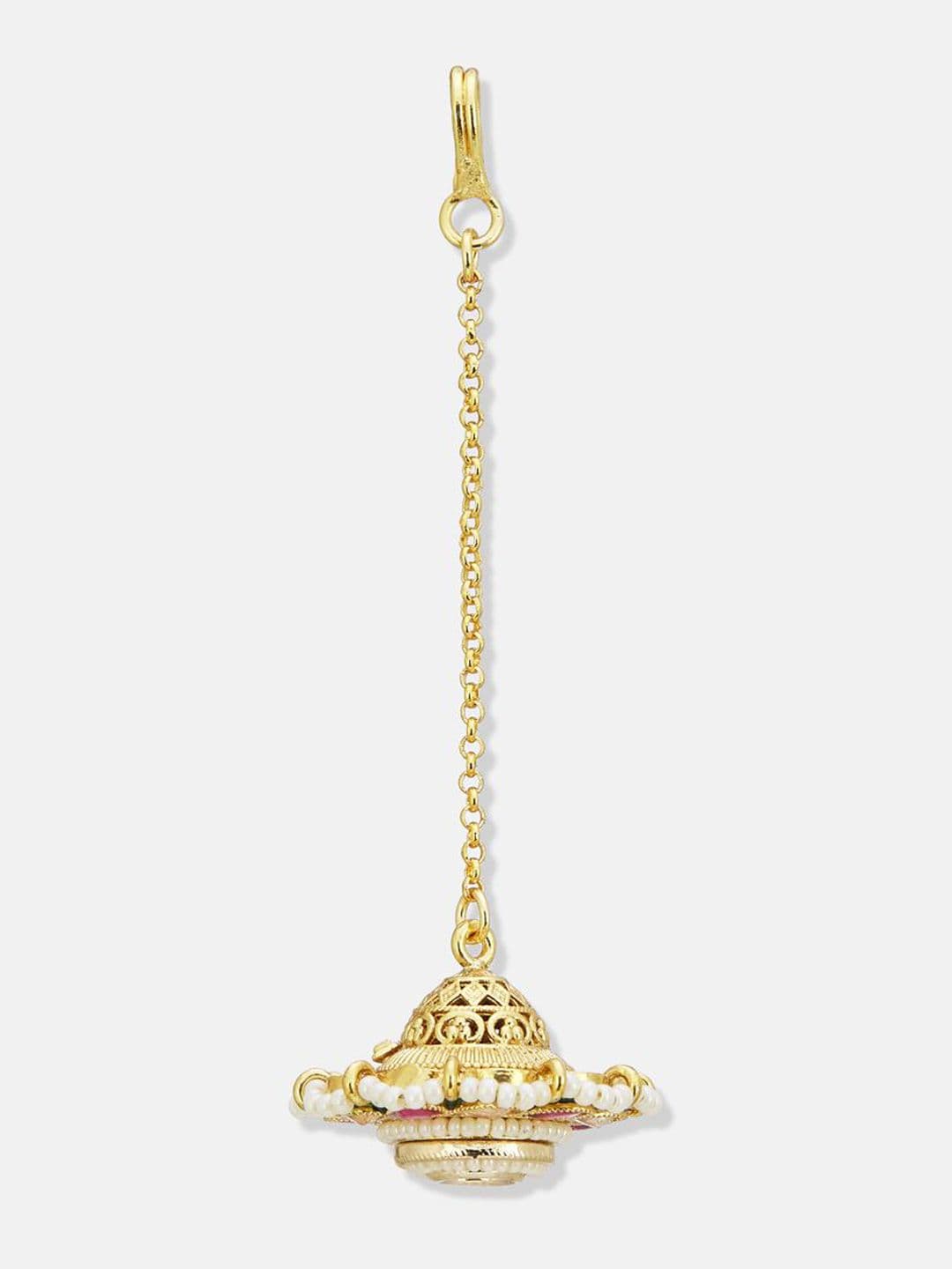 ATIBELLE Set of 2 Gold-Plated Stone Studded and Rajasthani Borla Beaded Maang Tikkas thumbnail 3